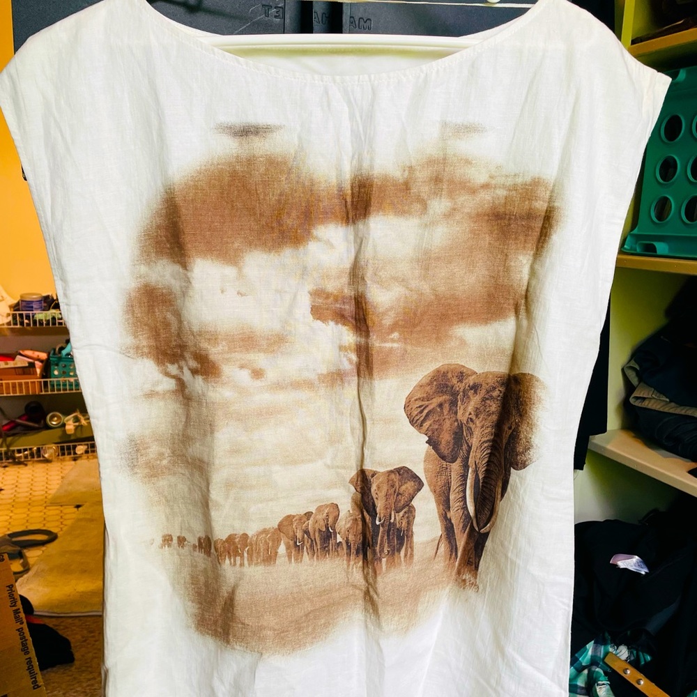 Zara cream linen cotton brown elephant print sleeveless tunic top shift L NWOT